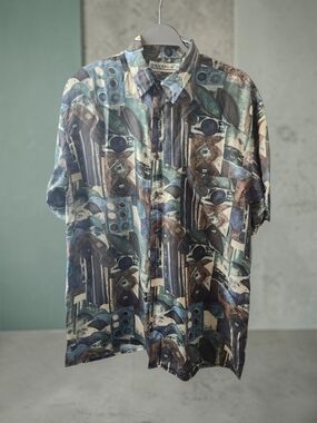 Vintage Silk Geometric Print Short-Sleeve Shirt